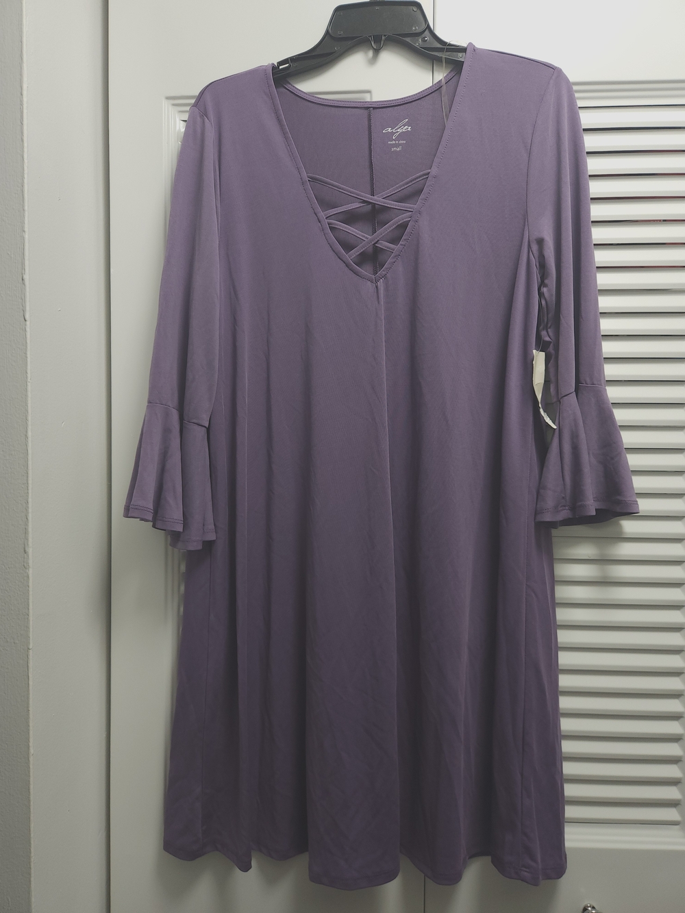 NWT Alya Purple Lace-Up Neck Bell Sleeve A-Line Dress/Tunic Size Small